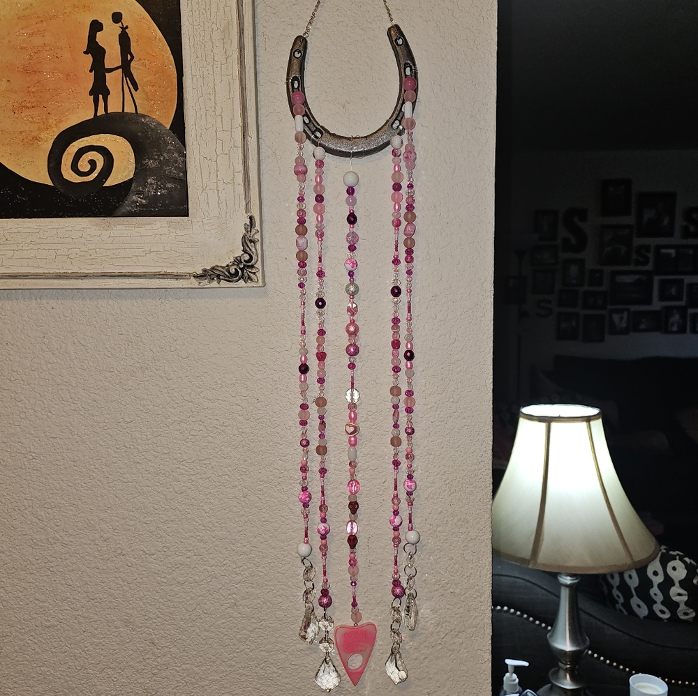 Ouija Planchette Horseshoe crystal and gkass beaded suncatcher. Pinks!